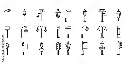 Collection of iconic vintage and modern street lamp designs in black and white