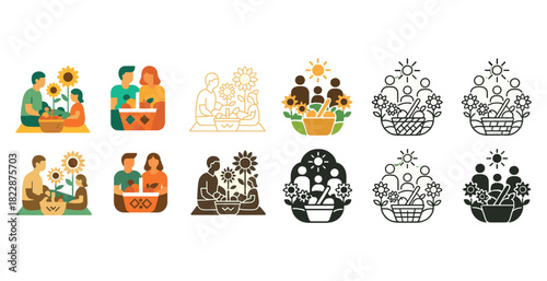 Family gardening icons in various styles including line art and colorful designs