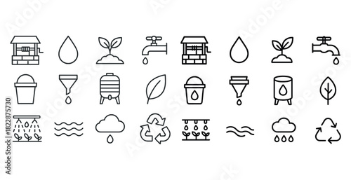 Simple black and white water conservation icons including recycling, faucet, and cloud designs