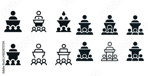 Monochrome speaker icons: diverse public speaking positions and audience representation