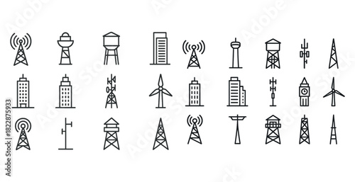 Set of communication and industrial icons featuring towers and buildings