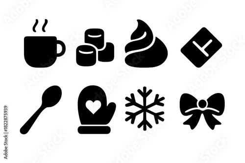 Winter Treat Icons. Winter treat. Filled icon set of winter treat: steaming cup, marshmallows, whipped cream,