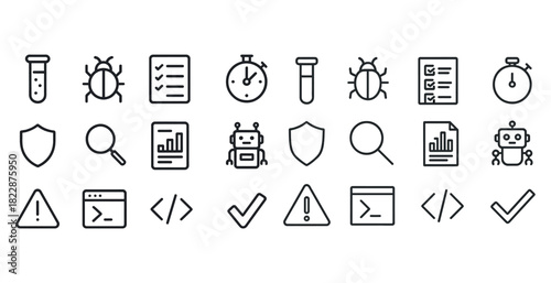 Cybersecurity icons: virus, checklist, stopwatch, shield, robot, alert, code, checkmark