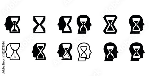 Silhouettes of heads with hourglass symbols reflecting time concepts