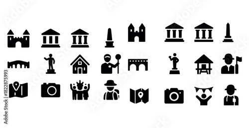 Set of vintage travel and historical landmark icons in bold black silhouette