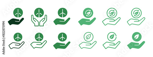Green energy icons: sustainable hands holding eco-friendly symbols