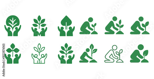 Green icons of people planting trees for environmental awareness and growth