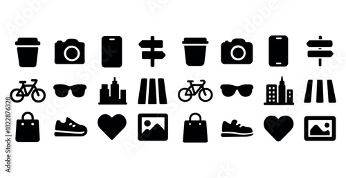 Collection of black silhouette icons including camera, bicycle, and coffee cup