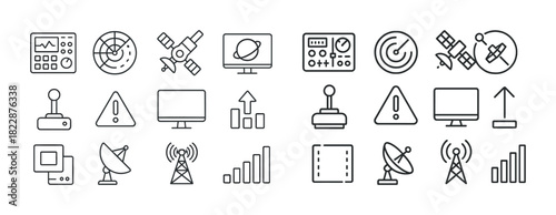 Collection of space and communication technology icons in black and white