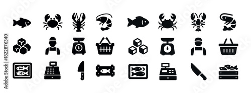Seafood market icons: fish, crab, lobster, shrimp, weighing scale, basket, ice cubes, cash register