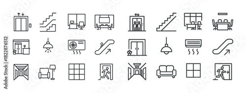 Minimalist icons set of office, elevator, stairs, air conditioning, and furniture