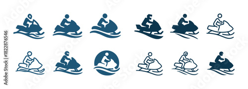Set of blue snowmobile icons featuring various rider positions and designs