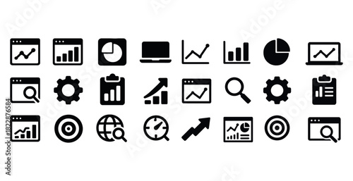 Business analytics icons set: charts, graphs, gear, growth indicators, computers