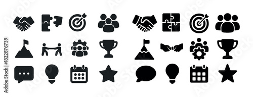 Black and white business icons collection: teamwork, strategy, success
