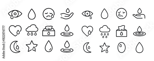 Set of emotional outline icons: sadness, tears, and weather symbols