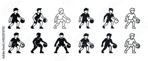 Silhouette illustrations of diverse young male basketball players dribbling