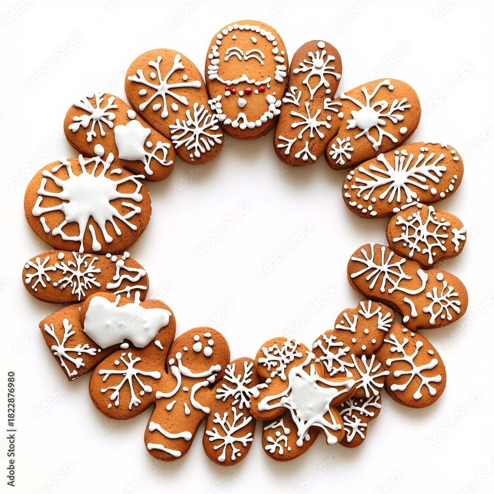 Fototapeta premium line-art gingerbread cookies wreath, cute and festive, white background