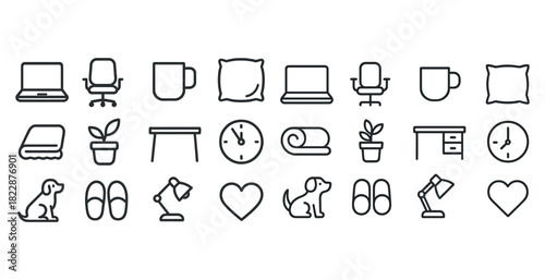 Minimalistic home and office icon set with furniture and accessories