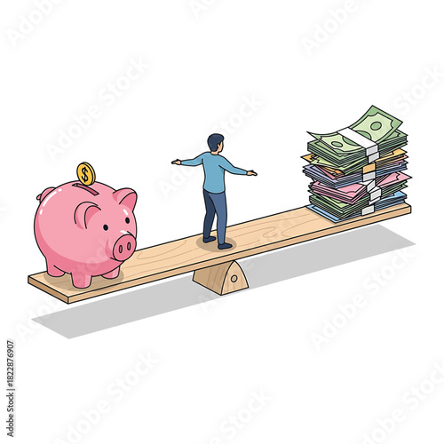 Man balances on seesaw between large stack of money and pink piggy bank, representing financial balance and savings strategy on white backdrop.