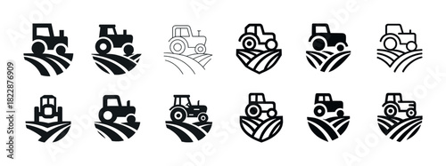 Set of tractor icons: agricultural equipment on field patterns