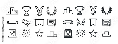 Outline icons of trophies, medals, certificates, and awards in black and white