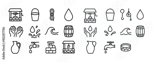 Water icons set: well, faucet, bucket, drop, hands, barrel, wave, pitcher