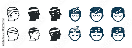 Icon set of sleeping faces with headbands and sleep masks