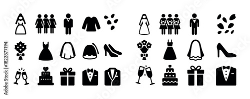 Wedding icons set: bride, groom, attire, flowers, rings, gifts, cake, champagne