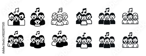 Diverse singing choir icons collection in black and white