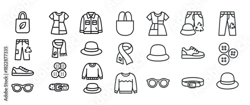 Sustainable fashion icons set: clothing accessories and eco-friendly apparel line art
