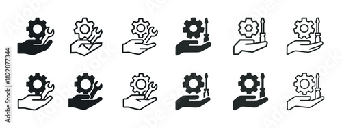 Set of gear and tool icons in hands for repair and maintenance