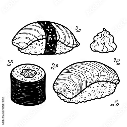 A hand-drawn black and white illustration of various sushi pieces, including nigiri, maki, and wasabi.