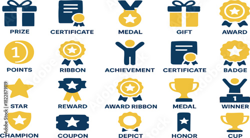 Collection of Awards and Achievements: A visual feast of accomplishment, showcasing a variety of prizes, awards, and symbols of success. Each icon represents a different form of recognition.