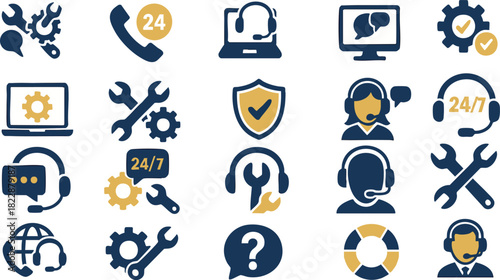Support Icon Cluster: A collection of various service-related icons, each representing different aspects of support and assistance, designed in a clean and uniform style.