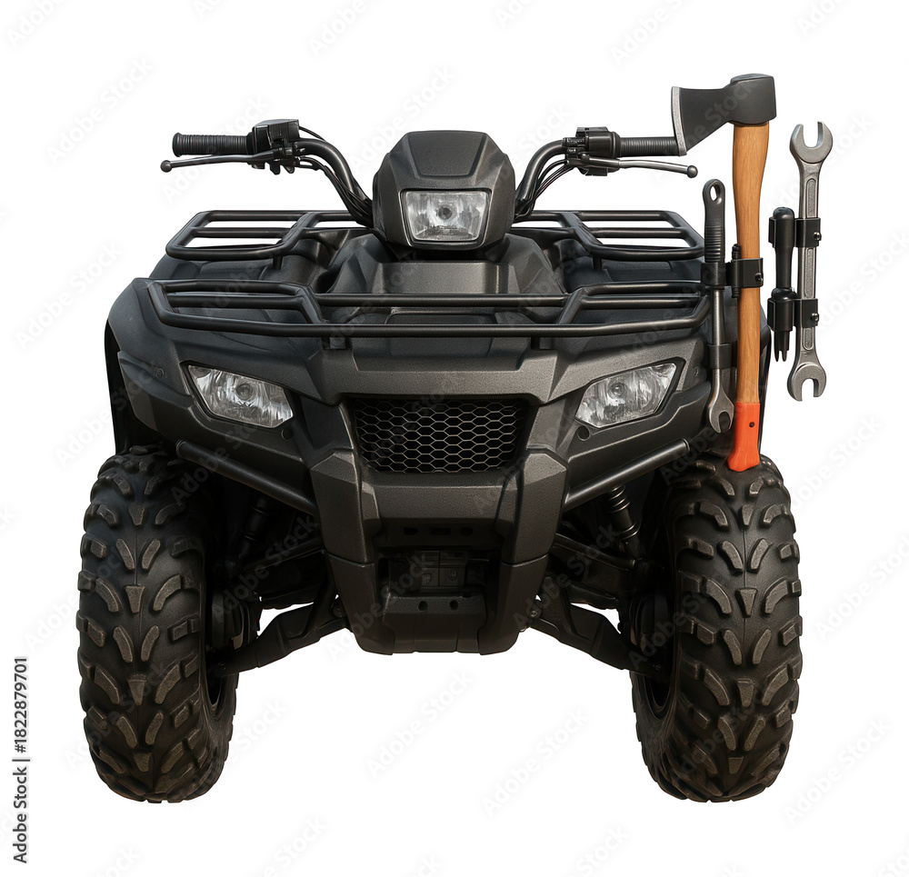 Fototapeta premium Utility quad bike with rear cargo rack and side tool holders.