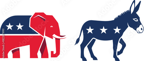American political party symbols featuring Republican red elephant and Democrat blue donkey isolated on white background for election campaign vector illustration design.