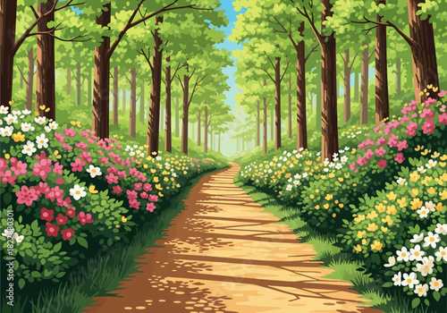 Vector Spring Forest Flower Path Landscape – Blooming Woodland Trail With Colorful Wildflower Bushes and Green Trees For Nature Poster & Background Design