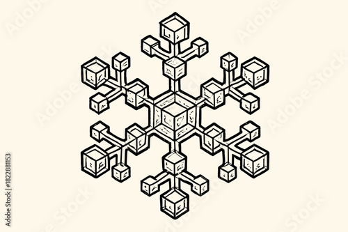 Crystalline Snowflake Illustration. Crystalline lattice snowflake. Hand-drawn doodle illustration of