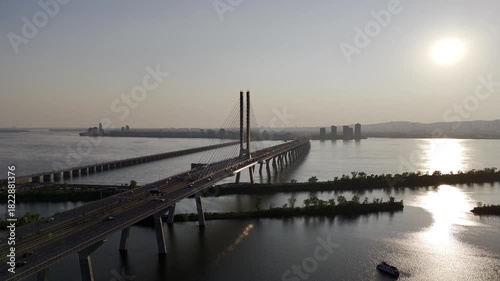 Wallpaper Mural Cable stayed bridge over St Lawrence River at golden sunrise near Montreal and Brossard, Canada. g. Torontodigital.ca