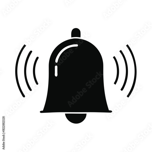 A black silhouette of a ringing bell with sound waves emanating from it.