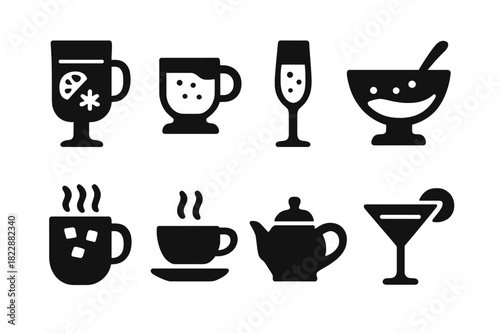 Holiday Drink Icons. Holiday beverages. Filled icon set of holiday beverages: mulled wine glass, eggnog cup,