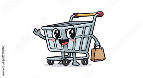 Cheerful cartoon shopping cart with shopping bag and waving hand