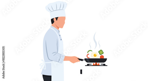 Chef Cooking Breakfast with Fried Egg and Vegetables