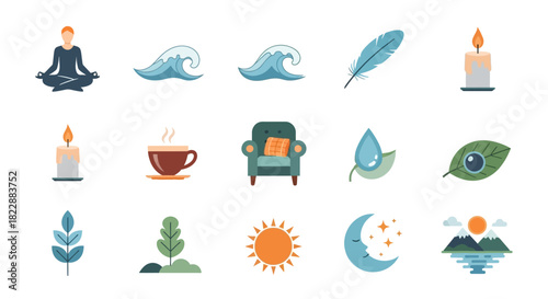 Collection of Flat Icons Representing Nature, Relaxation, and Well-being
