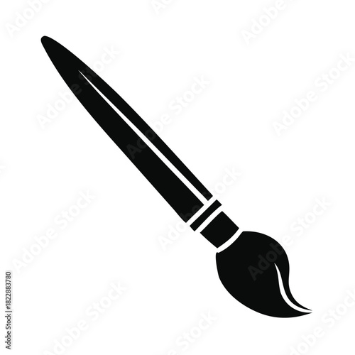 A black silhouette of a paintbrush lies on a white background.