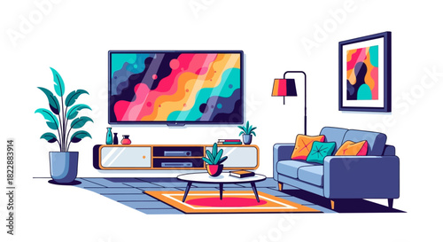 Colorful modern living room scene with a flat-screen TV, sofa, and plants.