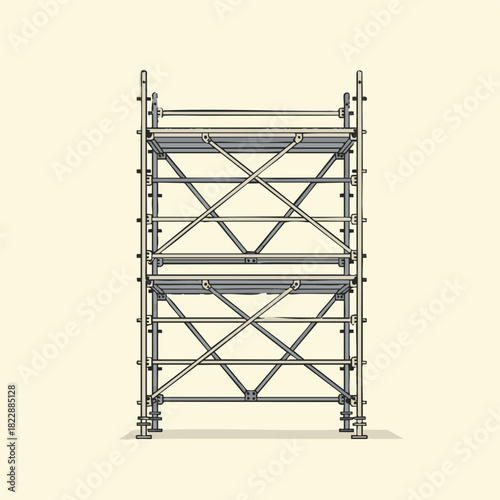 An illustration of a two-level metal scaffolding structure used in construction, providing temporary support for workers and materials.