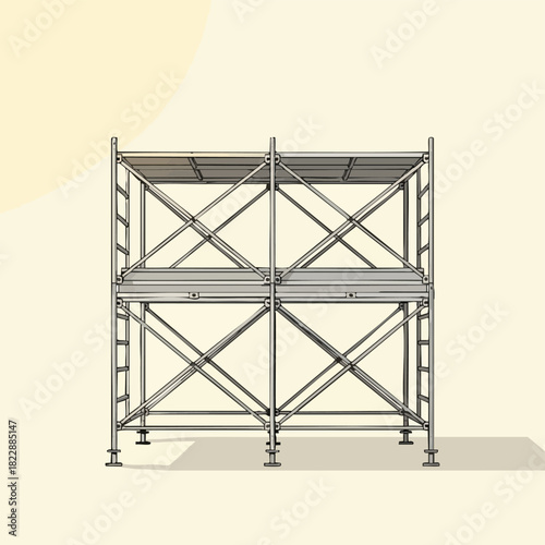 A sturdy, modular metal scaffolding structure stands isolated against a clean, minimalist background, representing construction, support, and temporary frameworks.