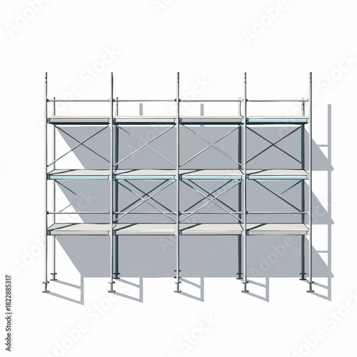 A robust metal scaffolding system, meticulously rendered with precise details and casting crisp shadows, stands prepared for construction or renovation work.