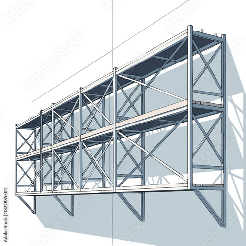 A modern, sturdy metal shelving unit with multiple levels, designed for industrial storage or display, rendered against a minimalist white wall with subtle shadows.
